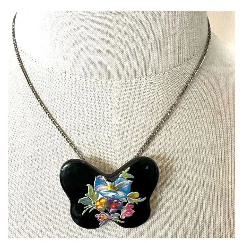 Vintage hand painted butterfly bird pendant necklace